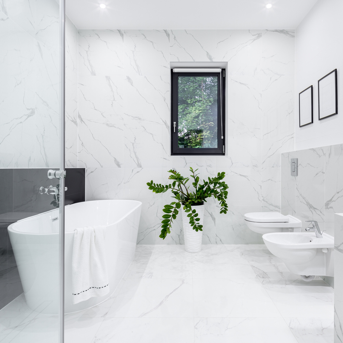 White marble tiles in bathroom